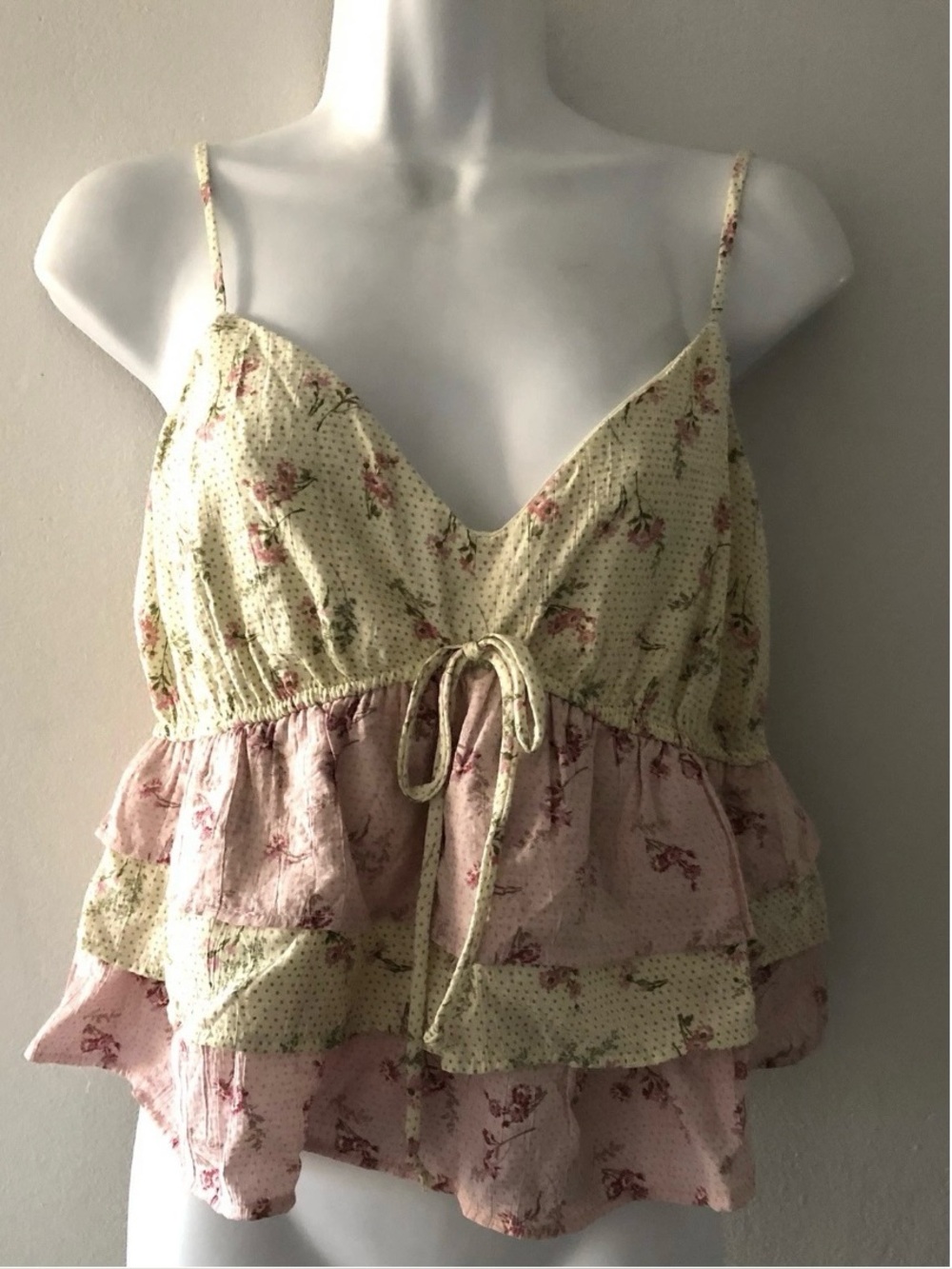 Sienna Sky Womens Floral Tiered Ruffle Camisole Tank Top Beige Multicolor L New